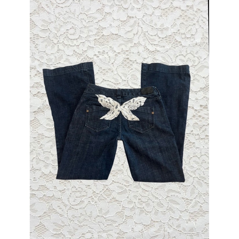 vintage express low rise bootcut flare jeans with lace butterfly detail